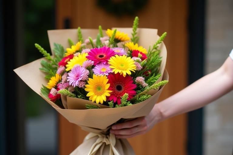 Kazenohanaの季節の花のサブスクリプション。美しく包装された旬の花束が玄関に届けられている様子。
